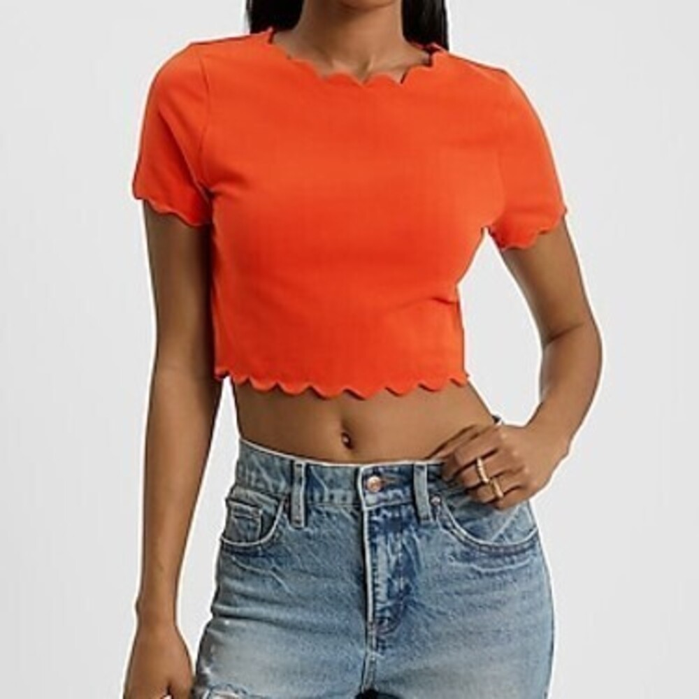 Body Contour Stretch Cotton Scalloped Cropped Short Sleeve Tee